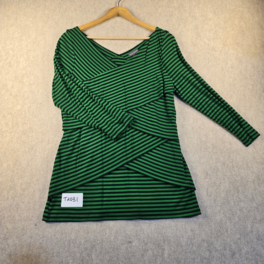 Vince Camuto Green Black Striped Tiered Draped Front V-Neck Top Large T2031